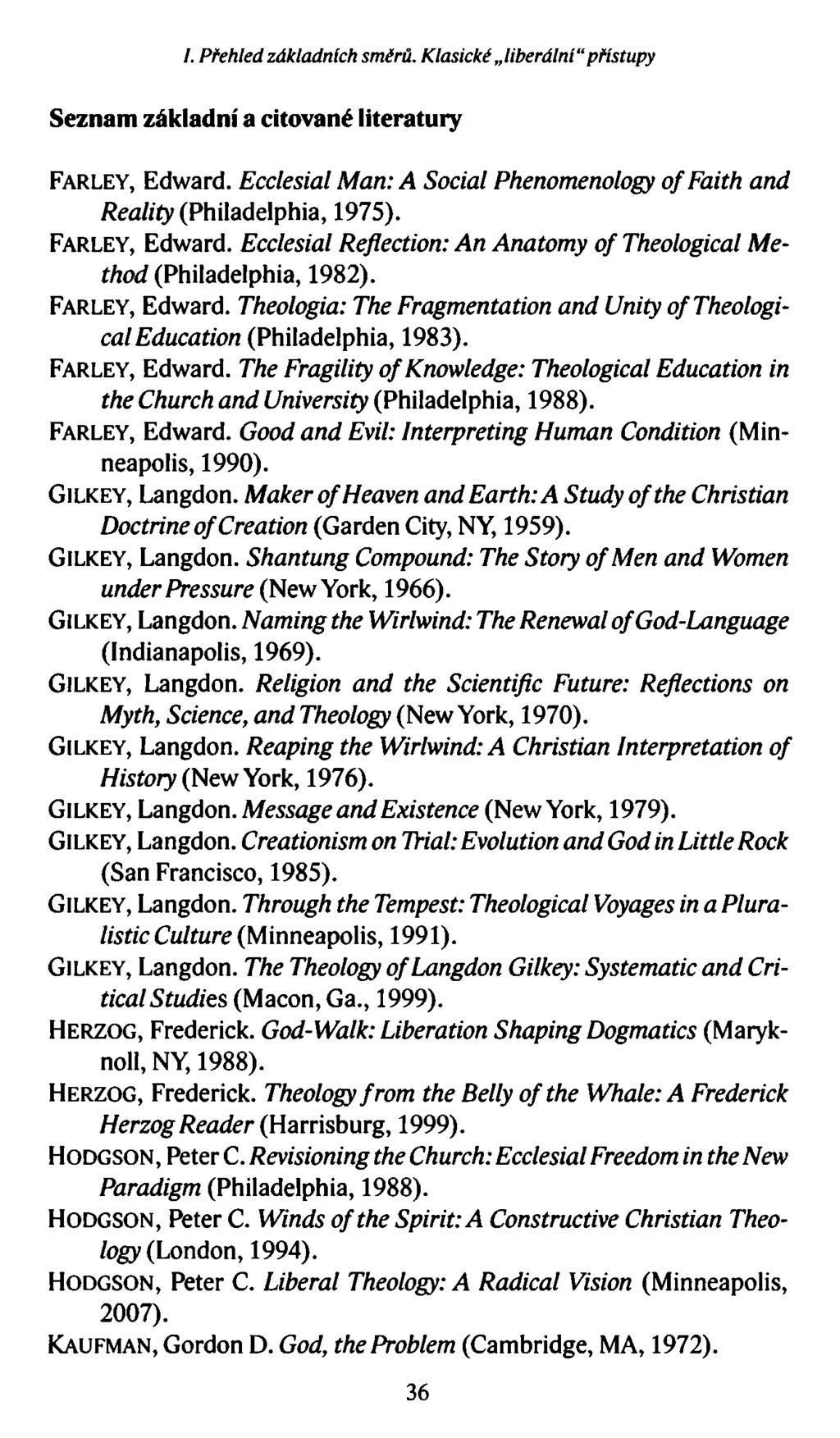 /. Přehled základních směrů. Klasické liberální přístupy Seznam základní a citované literatury Farley, Edward. Ecclesial Man: A Social Phenomenology of Faith and Reality (Philadelphia, 1975).