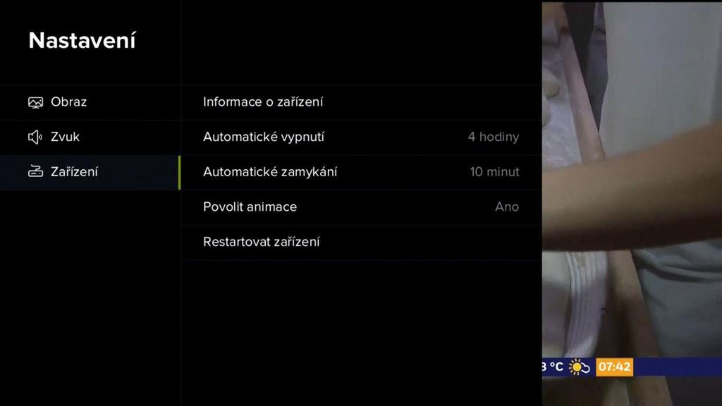 4) V podsekci Zařízení si můžete zobrazit informace o zařízení, nastavit časovač vypnutí televizoru i rodičovského zámku nebo zařízení restartovat.