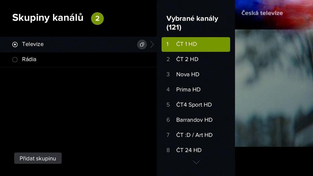 Seznamy Televize a Rádia jsou nastavena systémově, nelze je