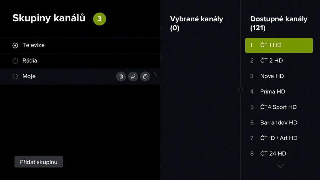 8) V seznamu kanálů se zobrazí Vámi vytvořený seznam. Nyní přejděte kurzorovým tlačítkem vpravo na dostupné kanály v levé části obrazovky.