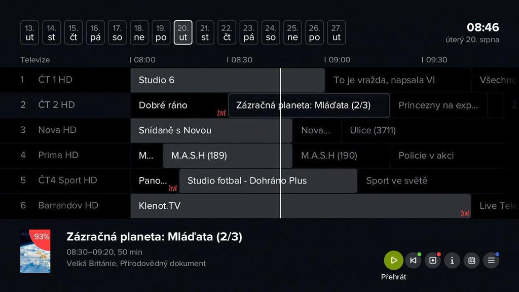 1.1.2 Programový průvodce (EPG) 1) Programového průvodce si vyvoláte tlačítkem EPG nebo TV. Vpravo dole se zobrazí interaktivní funkce, které souvisí s právě vybraným pořadem (zeleně zvýrazněný).