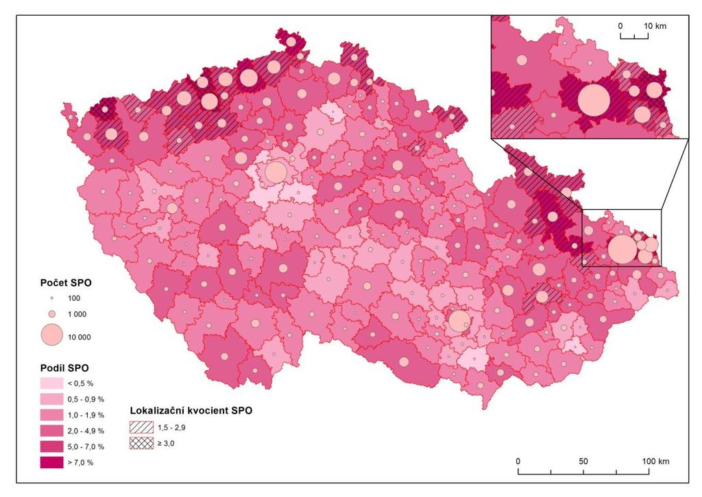 Obrázek 2.1: Počet, podíl a nadprůměrný výskyt SPO v ORP Česka Každý ukazatel rozlišuje tři úrovně koncentrace: vysokou, střední a nízkou.