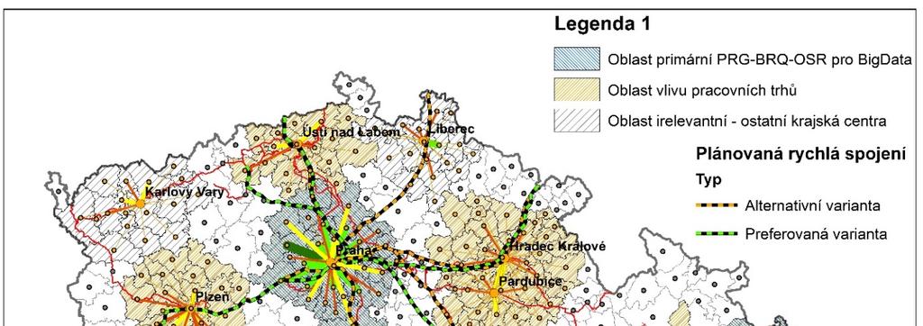 Obr 1: Plánovaná síť VRT a denní pracovní mobilita do relevantních center z POÚ ČR v roce 2011 Zdroj: SŽDC, 2018; ArcDATA (2019); vlastní výzkum.