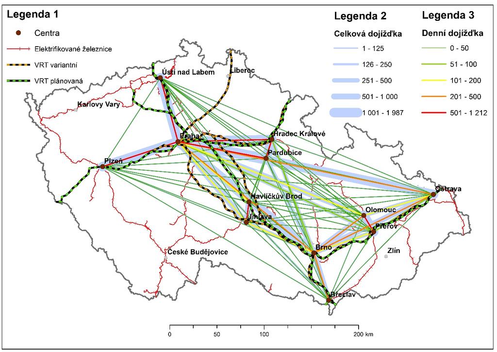 Obr 2: Pracovní mobilita mezi relevantními centry ležícími na plánované síti Zdroj: ArcDATA (2019); vlastní výzkum.