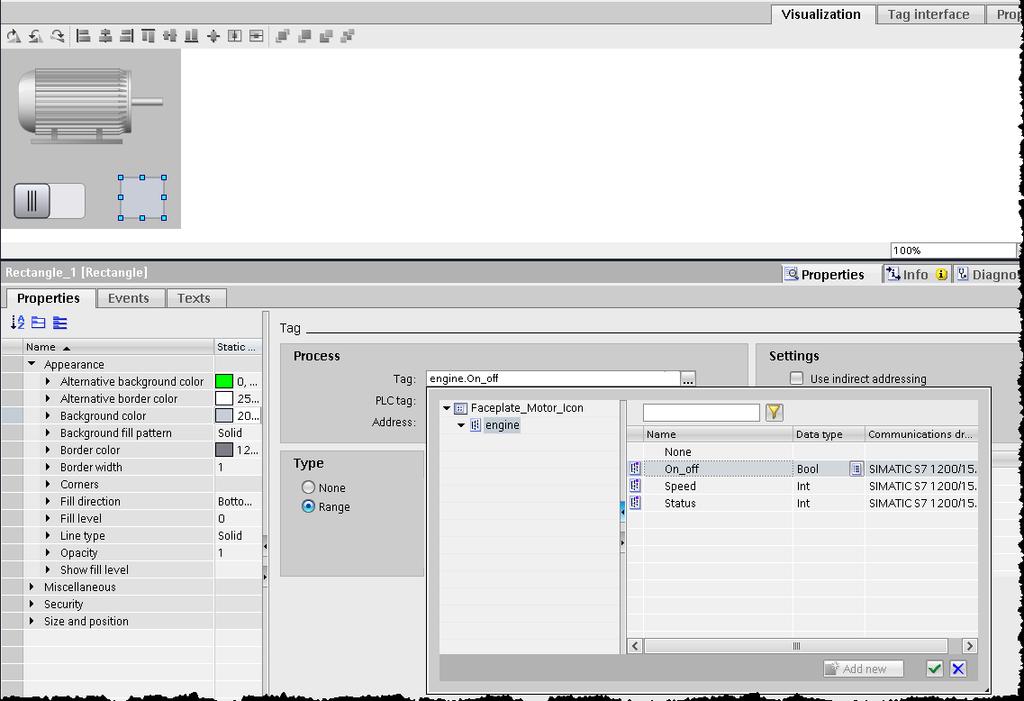 Faceplate Editor připojení Tagů Objekt v