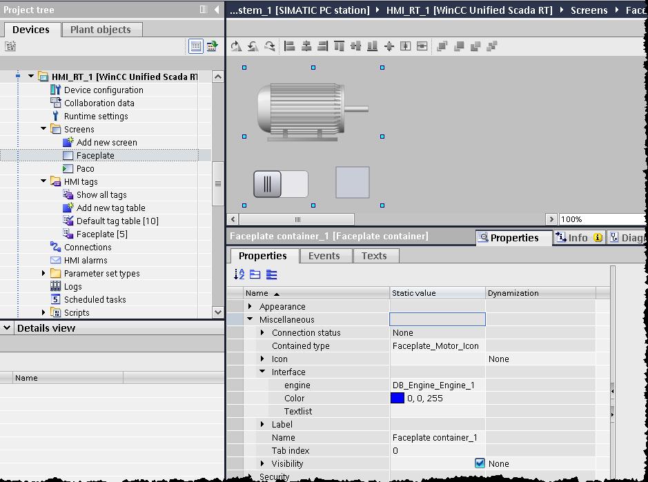 Faceplate Editor připojení k interface