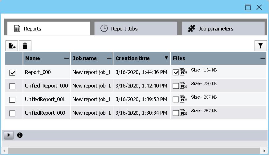 Reports tab Export vybraných jobů Smazání vybraných jobů V