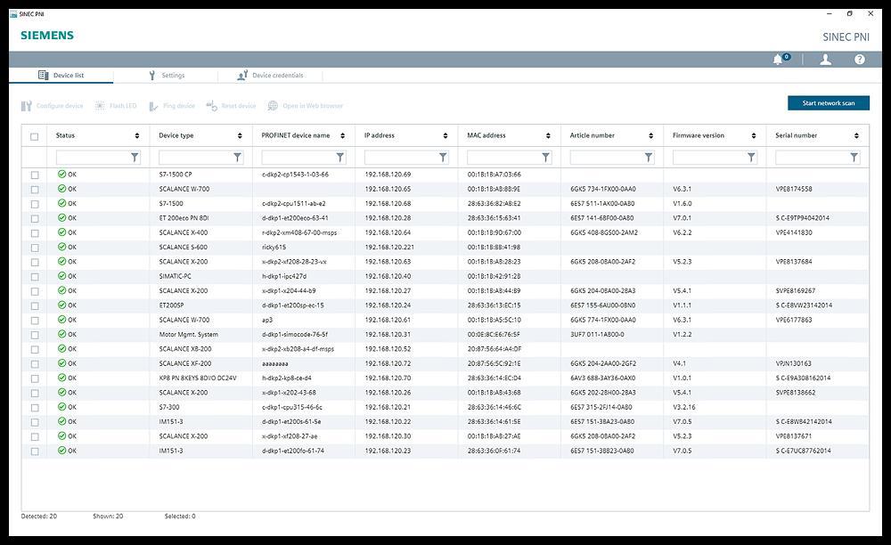 SINEC PNI Primary Network Initialization pro prvotní nastavení Nastavení sítové karty a parametry přihlášení Nápověda Stav úkolů