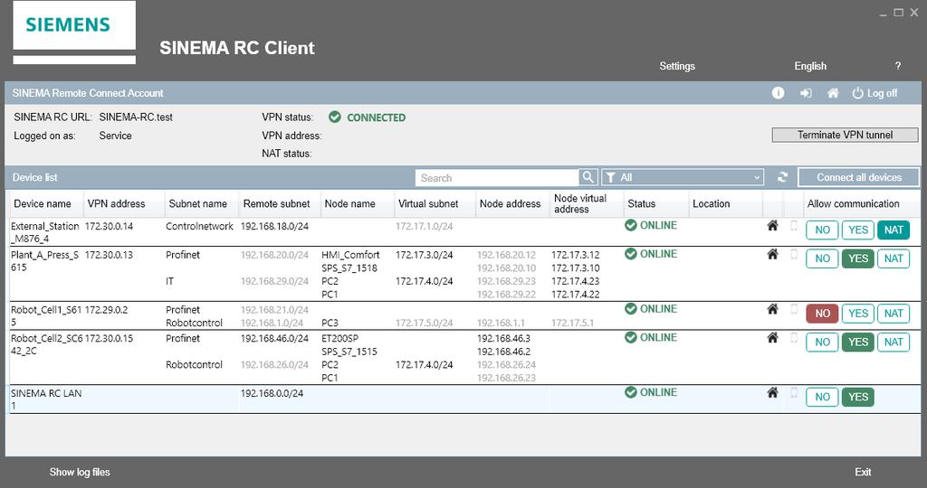 SINEMA RC Client pro servisního technika Uživatelské rozhraní vždy aktuální adresář zařízení Pohodlné uživatelské rozhraní Seznam zařízení přiřazených uživateli Výběr zařízení prostřednictvím