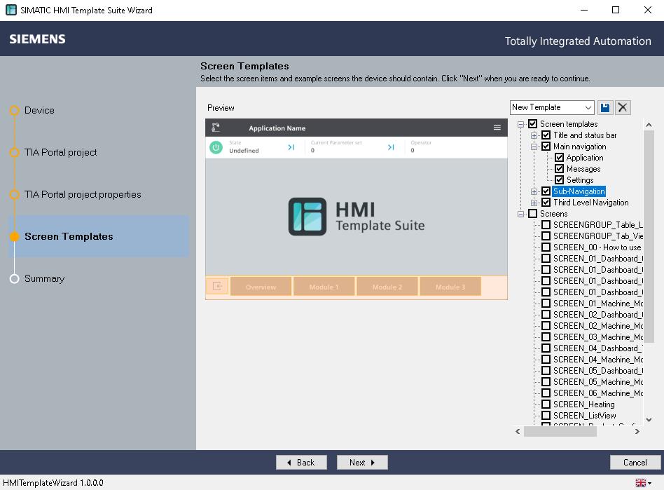 HMI Template Suite WinCC Unified Krok 4 Výběr Screens a nastavení