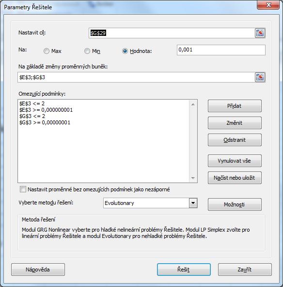 Obr. 19 Aplikace Řešitel v Microsoft Excel Pomocí něj najdeme globální optimum (minimální a maximální) hodnotu.