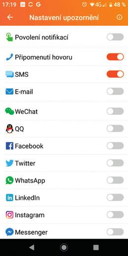 G H Upozornění na hodinkách Důležitou funkcí hodinek je upozornění na příchozí hovory, zprávy SMS, zprávy ze sociálních sítí a upozornění dalších aplikací.