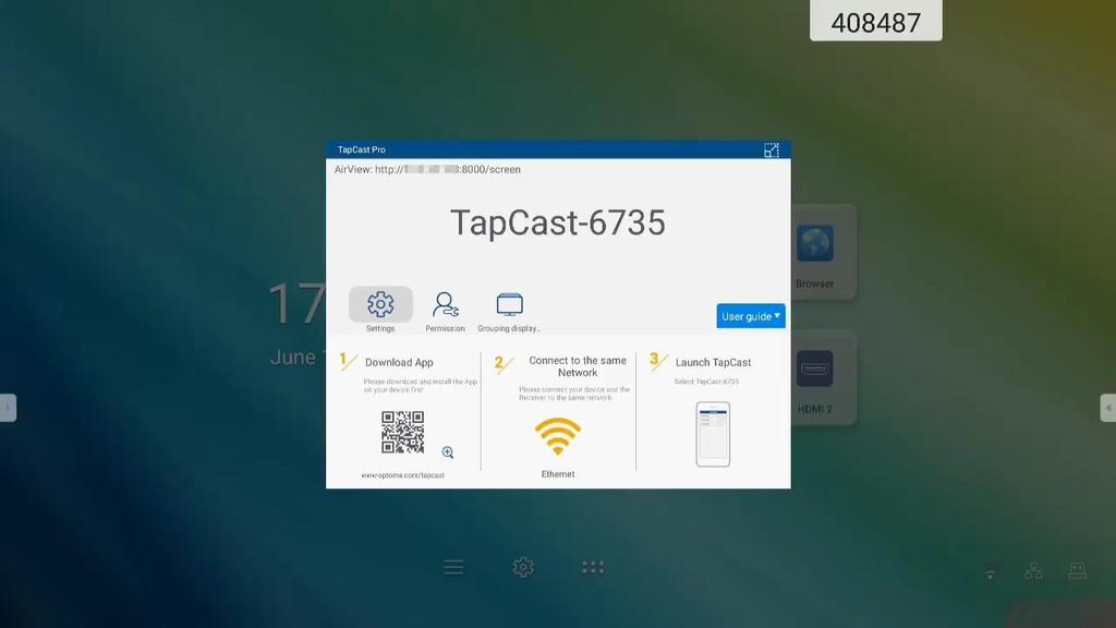 POUŽITÍ APLIKACÍ TapCast Pro Klepnutím na možnost TapCast Pro můžete promítnout displej svého mobilního zařízení nebo počítače na panel IFP prostřednictvím sítě Wi-Fi nebo LAN. DŮLEŽITÉ!