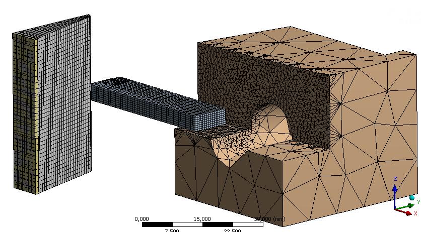 Obr. 35 Konečno-prvkový model Tvorba výpočtového modelu byla na základě CAD geometrie. V tomto případě byly použity pouze tři tělesa z původní geometrie.