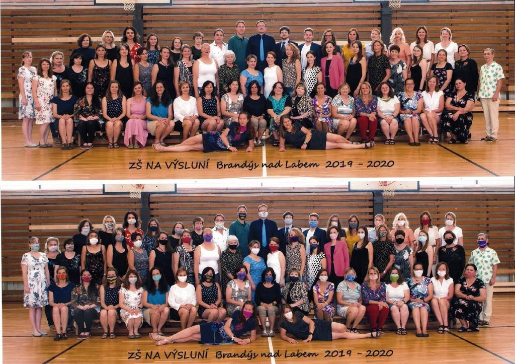 Na závěr výroční zprávy si ponechme vzpomínku na školní rok 2019-2020 prostřednictvím fotografií učitelského sboru. Horní je klasická, spodní včetně v závěru školního roku nezbytných roušek.
