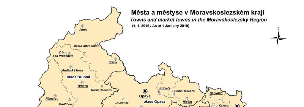 současných téměř 15%. Vlivem předpokládaného úbytku obyvatelstva přenechá Moravskoslezský kraj dle projekce ČSÚ do roku 2044 pozici třetího nejlidnatějšího kraje ČR Jihomoravskému kraji. 2.1.2 Sídelní struktura, administrativní členění Moravskoslezský kraj je vymezený územím 6 okresů: Bruntál, Frýdek-Místek, Karviná, Nový Jičín, Opava a Ostrava-město.