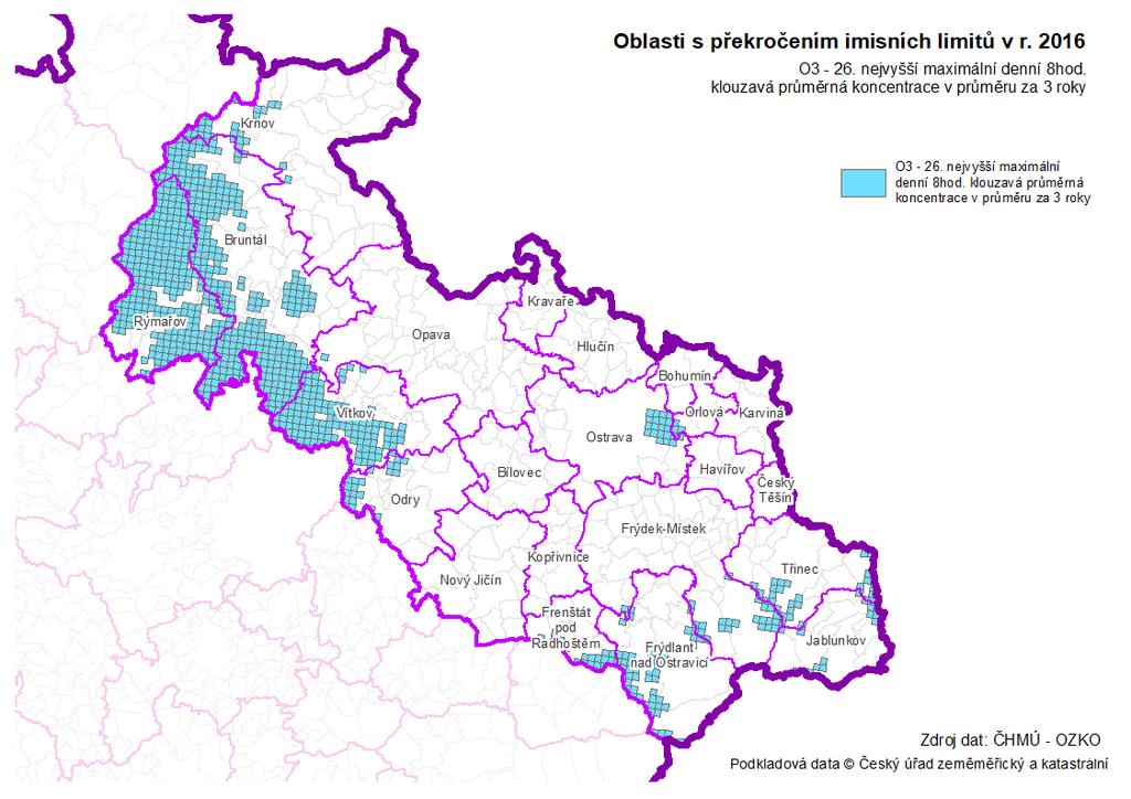 Obrázek 20: Oblasti s překročením imisních limitů - O3 Obrázek 21: Oblasti s překročením
