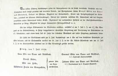Náhrobek rodiny Bauerů z Adelsbachu u dělící zdi Malostranského hřbitova. Úmrtní oznámení Václava Bauera z Adelsbachu (z archivu RNDr. Vladimíra Pouzara, DrSc.).