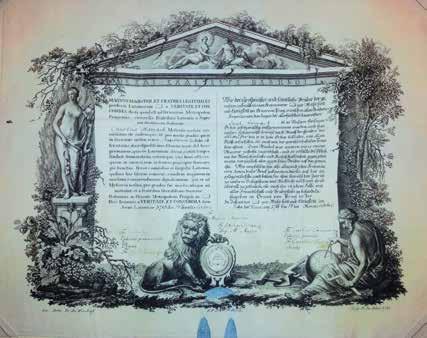 Diplom pro členy lóže Wahrheit und Einigkeit. Vlevo latinský a vpravo německý text. V tympanonu postavy symbolizující vědu (vlevo) a umění (vpravo).