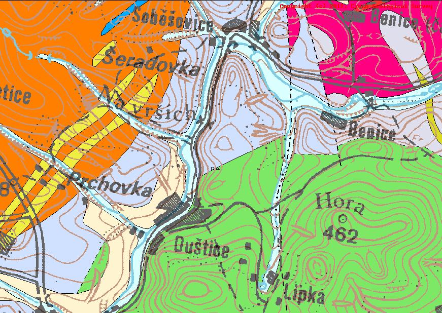 Obrázek 2 Přehledná geologická mapa [geologická dokumentace Ouštice] Netvořicko-neveklovský ostrov je tvořen zejména zvrásněnými horninami svrchního proterozoika, kontaktně přeměněnými středočeským