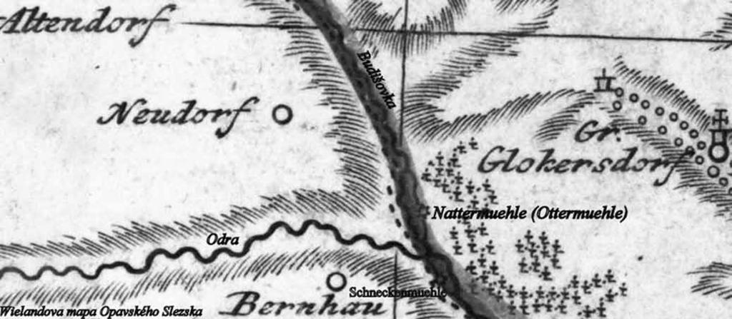 Hadinka Výřez z Wielandovy mapy Slezska (1736) se zakreslením mlýnů Nattermühle i Schneckenmühle (www.mapy.mzk.cz). Výřez z 1. vojenského mapování Slezska se zakreslením mlýna Nattermühle.