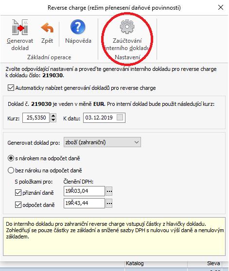10. Po uložení přijaté faktury (s cenou bez daně a s nenulovým základem v některé sazbě DPH) se vám v seznamu Faktur přijatých zpřístupní tlačítko Reverse Charge.