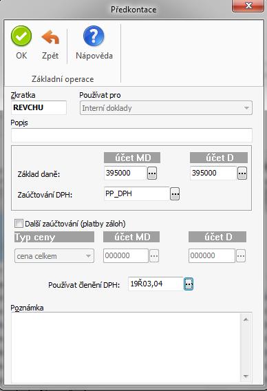 Dále je nutné dodat předkontace REVCHU a REVCHP. 11. V seznamu Faktur přijatých se zobrazí karta pro zadání údajů potřebných pro generaci Interního dokladu.