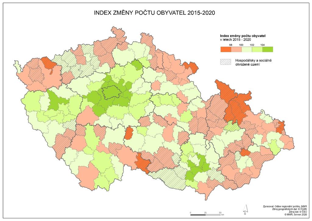 Indikátor č. 7: Index změny počtu obyvatel Metodika Do výsledné podoby indikátoru vstupují hodnoty počtu obyvatel ve správních obvodech ORP k 1. 1. 2015 a k 1. 1. 2020, resp.
