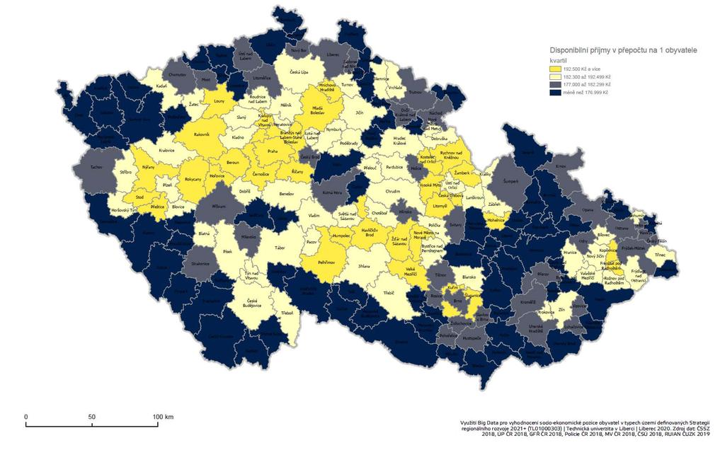 Kartogram 4: Disponibilní příjmy domácností v ORP
