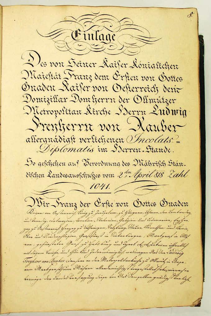 Obr. 5: Příklad intabulace do kvaternu M (veden v letech 1816 1852). Titulní strana vkladu učiněného na základě nařízení moravského zemského výboru z 2. 4.