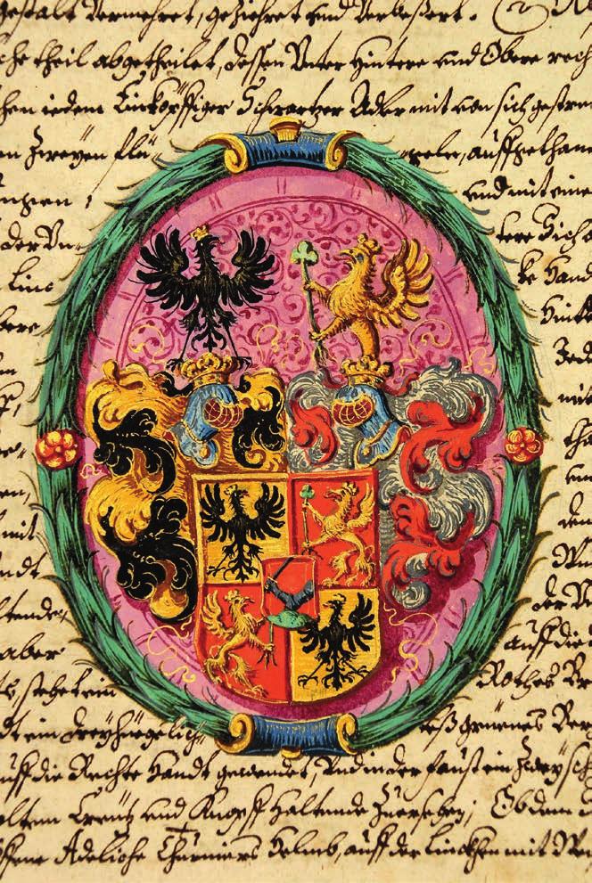 Obr. 7: Erb Bartholomea Sylvestra Gierolly v listině z 15. 5. 1649 (Prešpurk), v níž mu Ferdinand III. potvrdil starožitný šlechtický původ a udělil erb a přídomek von Greifenberg.