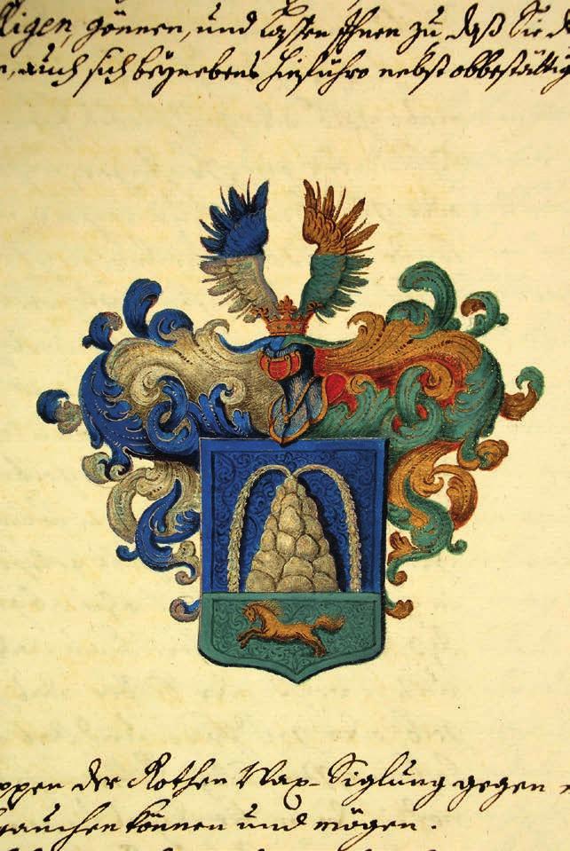 Obr. 9: Erb Johanna Josepha Nosse von Nossberg v listině z 18. 11. 1727 (Vídeň), v níž byl Karlem VI. povýšen do českého rytířského stavu.