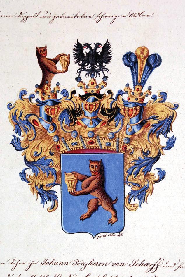 Obr. 10: Erb Johanna von Scharff v listině z 25. 2. 1813 (Vídeň), v níž byl Františkem I. povýšen do stavu svobodných pánů rakouského císařství.