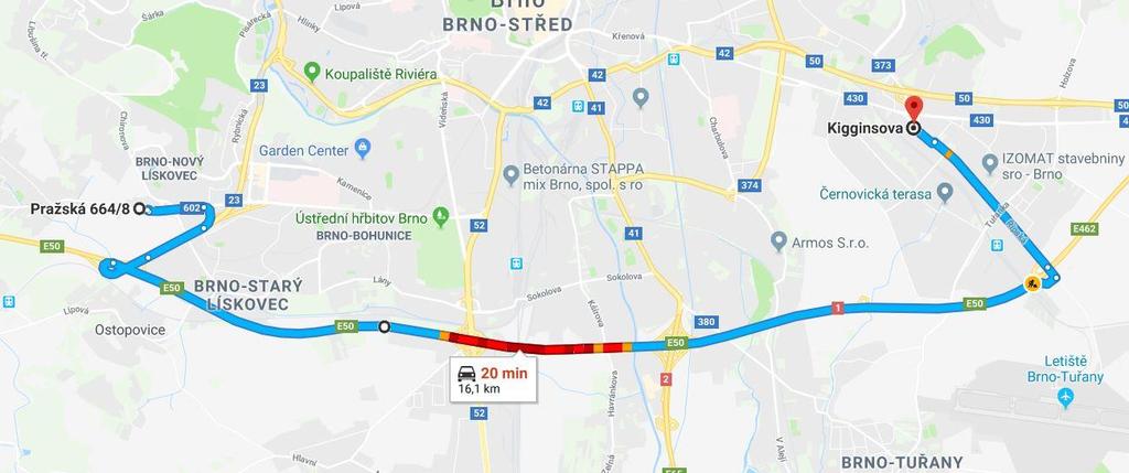 5. Dopravní trasa prefabrikátů Veškeré prefabrikované dílce (schodišťová ramena a balkónové desky) budou vyrobeny firmou TVAR COM, spol. s.r.o. Dílce budou vyváženy z výrobního závodu na ulici Jihlavská 450 v Brně Bosonohách.