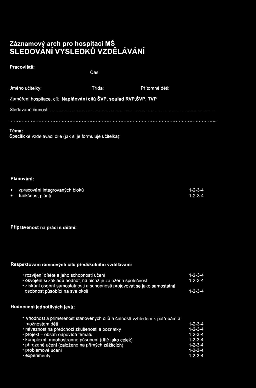 Záznamový arch pro hospitaci MŠ SLEDOVÁNÍ VÝSLEDKŮ VZDĚLÁVÁNÍ Pracoviště: Čas: Jméno učitelky: Třída: Přítomné děti: Zaměření hospitace, cíl: Naplňování cílů ŠVP, soulad RVP,ŠVP, TVP Sledované