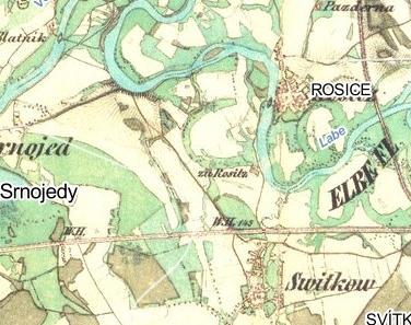 Obrázek 15 - Mapka převozu Tento převoz zanikl v roce 1948 s výstavbou mostu u fary v Rosicích, který je v současné době také zrušen, a pouze uprostřed slepého ramene jsou doposud znatelné zbytky