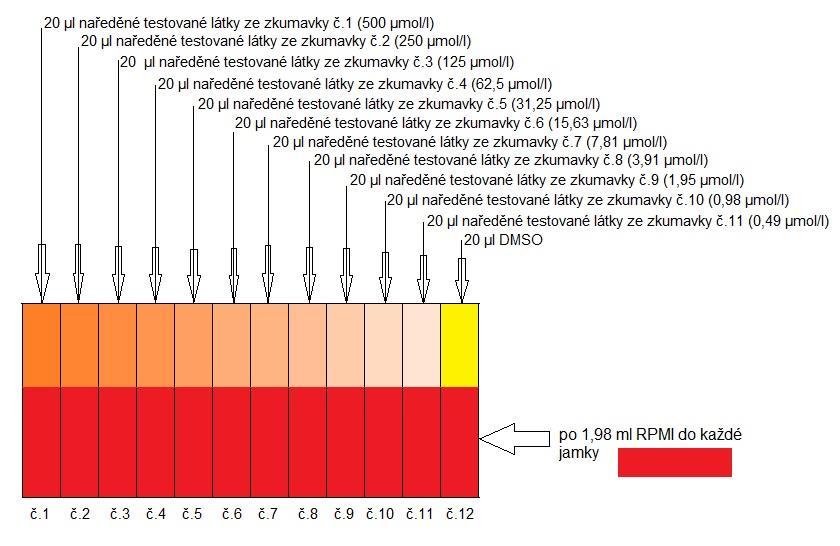 Obr. 14: Schéma 12- ti jamkového rezervoáru a jeho obsah Legenda: DMSO: dimethylsulfoxid; RPMI: růstové médium Objem potřebný pro vytvoření zásobního roztoku lze vypočíst dle následujícího vzorce: