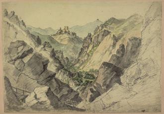 1 Ferdinand Runk, Pohled na hrad Mödling v Dolních Rakousích, 1812, částečně kolorovaná studijní kresba, 36 50 cm.