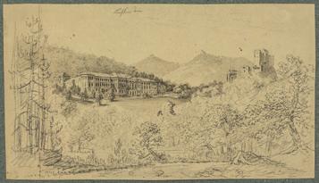 3 Ferdinand Runk, Pohled na hrad-pevnost Liechtenstein a na zámek Neu-Liechtenstein, počátek 19.