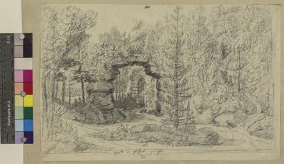 5 Ferdinand Runk, Akvadukt s grottou v lednickém parku na Moravě, počátek 19. století, studijní kresba, 29 45 cm.