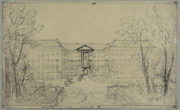9 Ferdinand Runk, Průčelí zámku Nové Zámky u Litovle, počátek 19. století, studijní kresba, 29 48 cm. Zdroj: Kupferstichkabinett der Akademie der bildenden Künste Wien, Inv. Nr. HZ 11433.