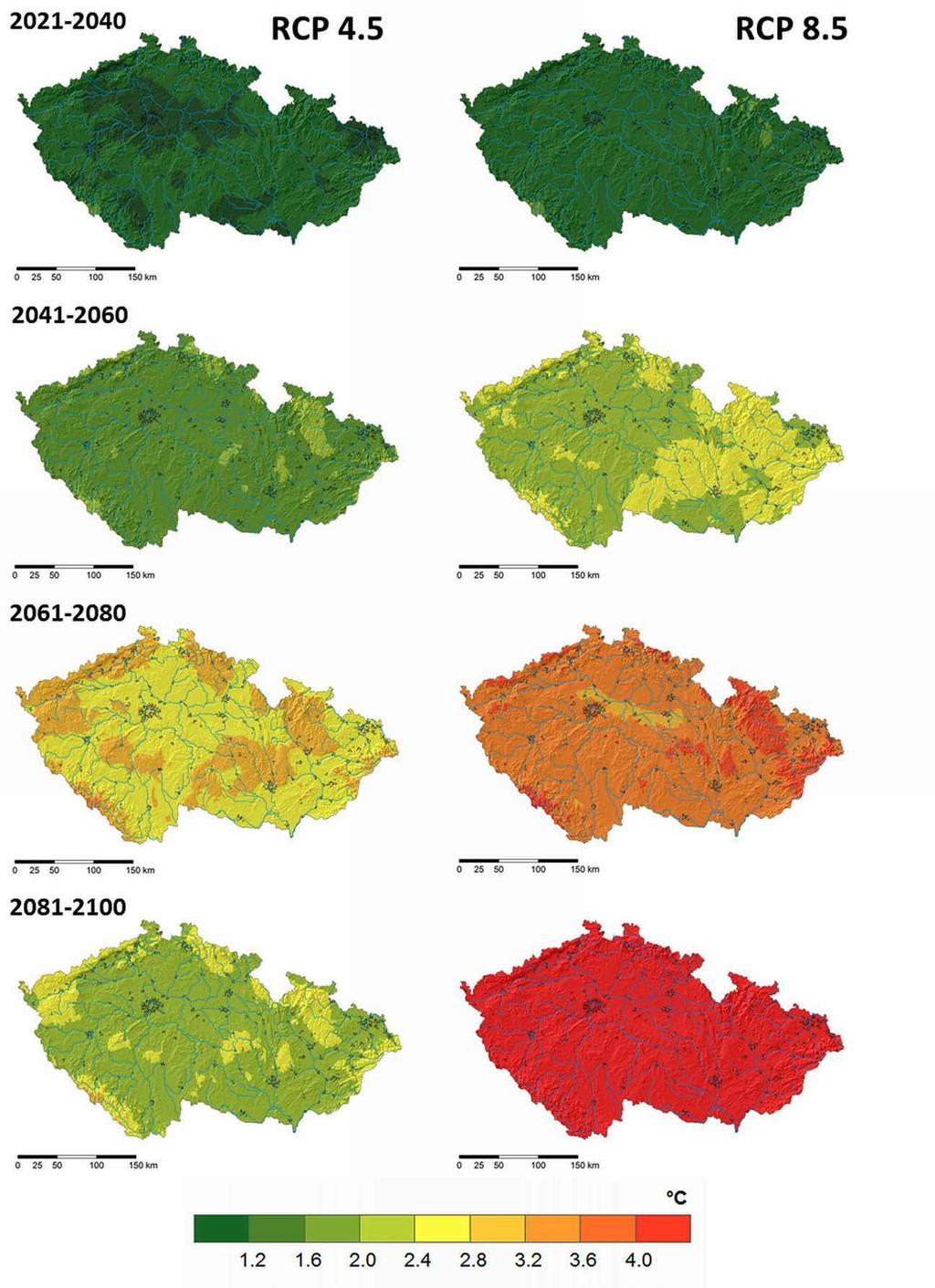 Obrázek 8: Rozdíl průměrných ročních teplot vzduchu v budoucnosti vzhledem k