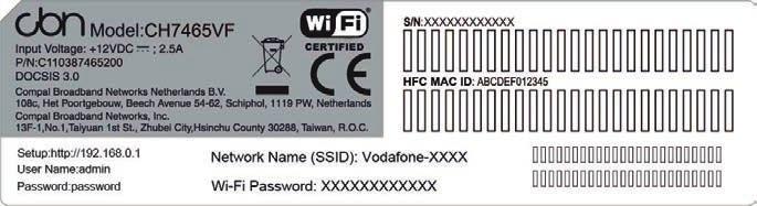 3. Připojení k internetu pomocí WIFI 1. Dodané zařízení je již přednastaveno pro bezdrátový provoz. Název přednastavené sítě (např. SSID: Vodafone-1234) a přednastavené heslo k síti (např.