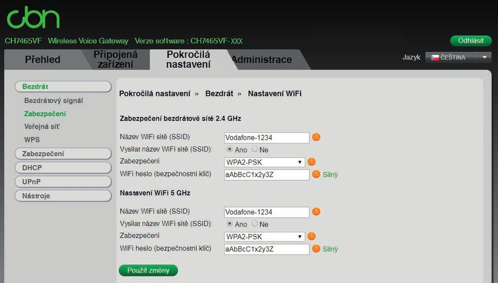 4. Zabezpečení a změna názvu domácí WIFI sítě 4.1 Postup pro modem Compal CH7465VF Napište 192.168.0.