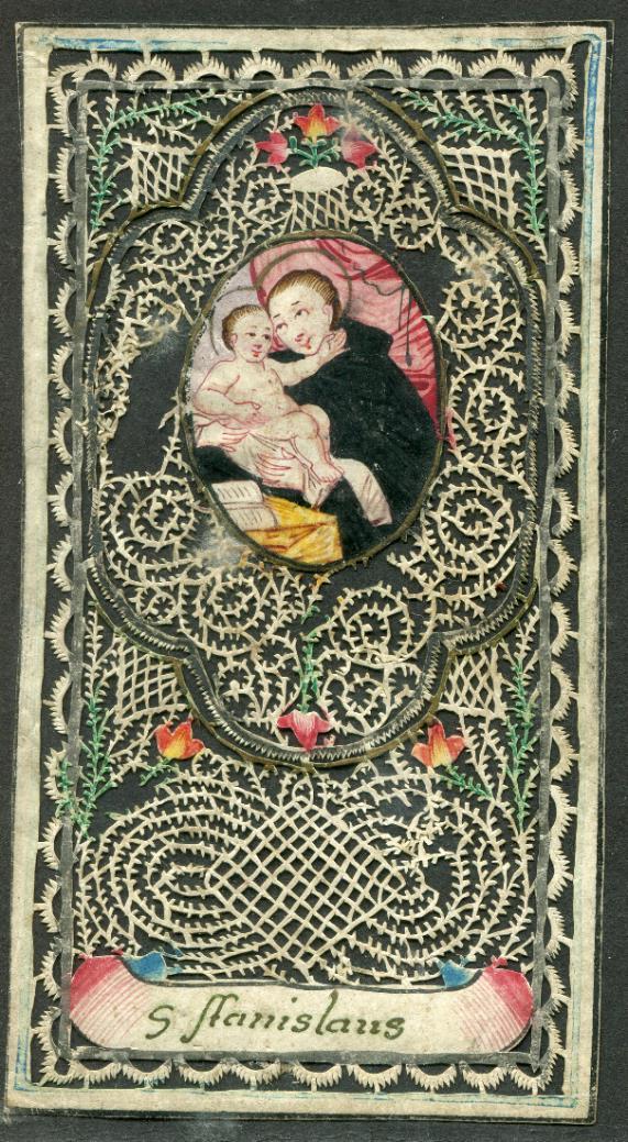 Příloha č. 8. Svaté obrázky miniatury vyhotovené na pergamenu, lidová práce, tzv. Spitzenbilder. 234 Inv. č. 061012 Svatý Stanislav Kostka.