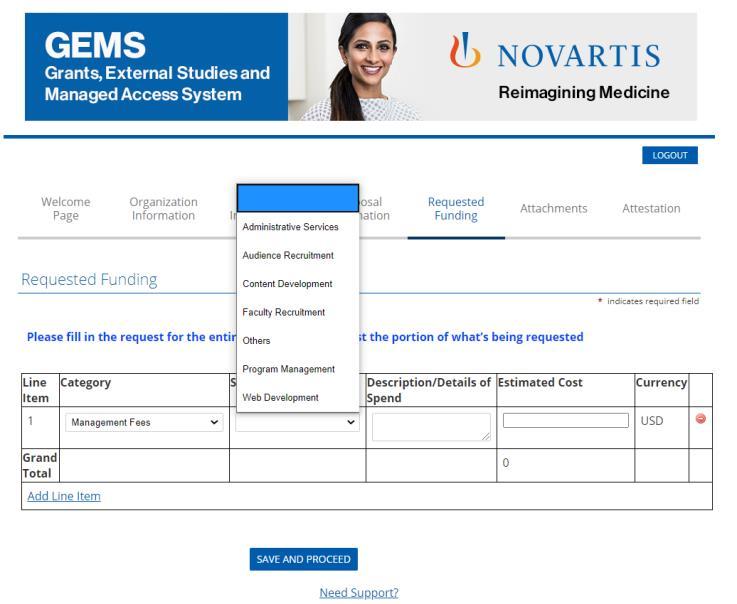 10. Requested Funding pžadvané finance Line Item: Yu can add line items by clicking n Add Line Item shwn in the red bx n the screen t the left) Categry: select the categry int which yur first line