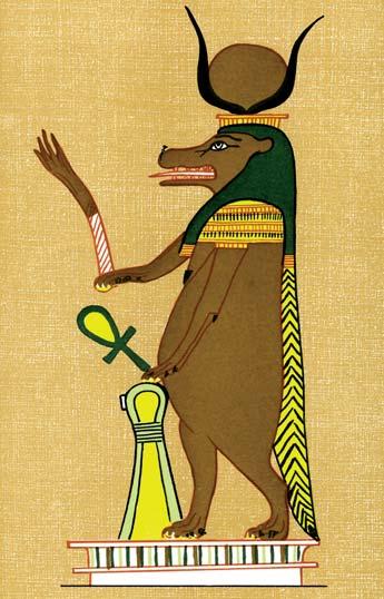 Taweret má vystouplé bříško spodního dantienu. Levá ruka je umístěna přesně do tohoto bodu a v ruce drží nilský kříž anch, hieroglyf s jazykovým významem život, žije.