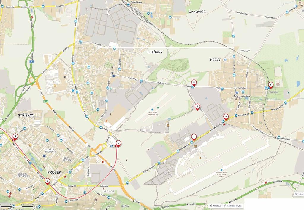 Vybavenost / Služby Restaurace a kavárny 1 Kbelský pivovar 2 Kbelíno Pizza 3 Čínská restaurace štěstí 4 Zastávka U Srubu 5 Restaurace Sun House NOUZOV Obchody s potravinami 6 Billa 7 Farmářský krám 8