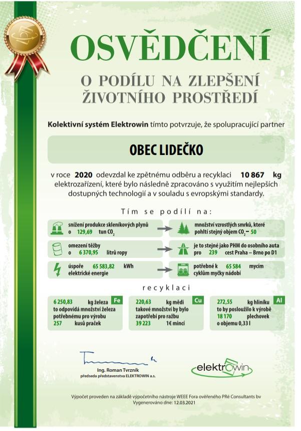 Stránka 7 Díky svým obyvatelům se Obec Lidečko může v roce 2020 pochlubit sběrem starého elektra určeného ke zpětnému odběru a recyklaci o hmotnosti 10,87 t.