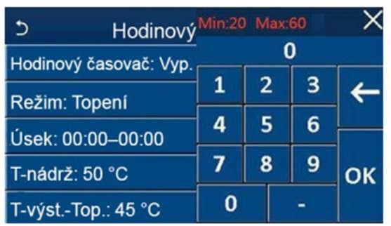 Když byla nastavena funkce Hodinový časovač a nastavení obsahuje režim TUV (Ohřev vody), pak pokud je poté parametr Nádrž (Nádrž na TUV) změněn na Ne, bude režim TUV automaticky přepnut na Topení a
